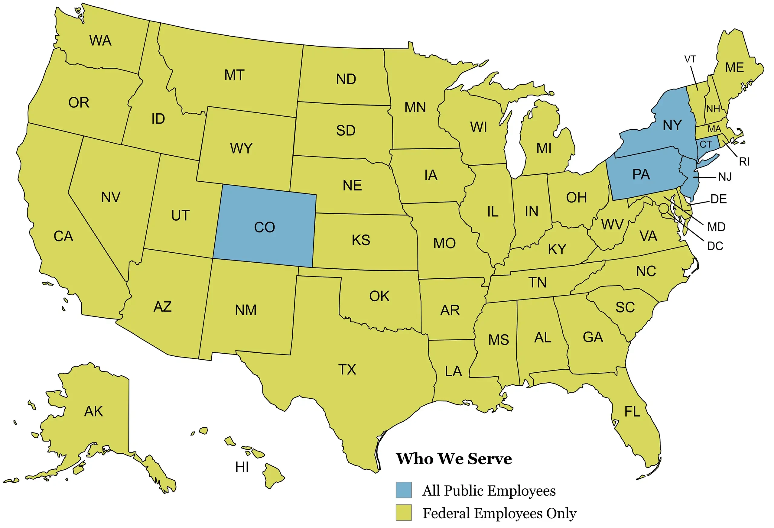 Service-Map-9.25 A map of the United States highlighting in blue the states the Fairness Center represents all public employees: Pennsylvania, New York, Connecticut, and Colorado.