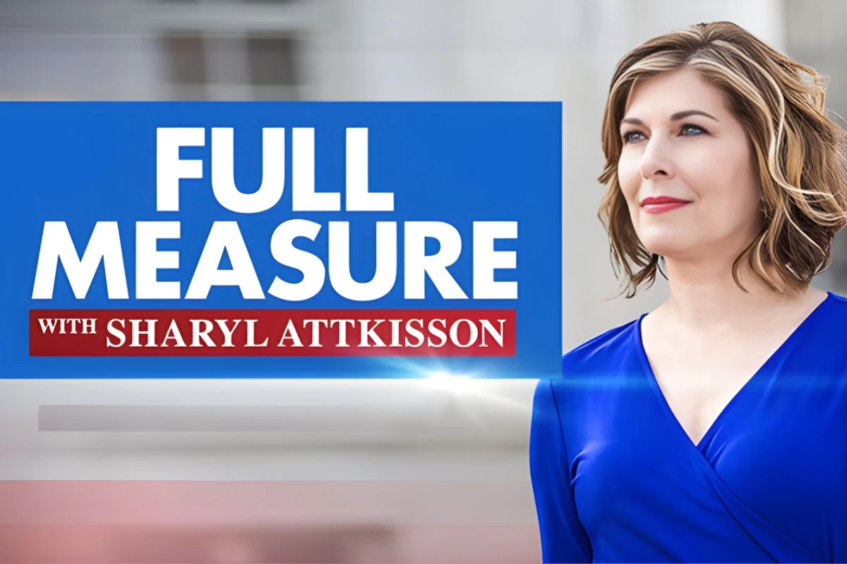 Full measure logo web A woman dressed in blue looking into the distance beside a logo reading Full Measure