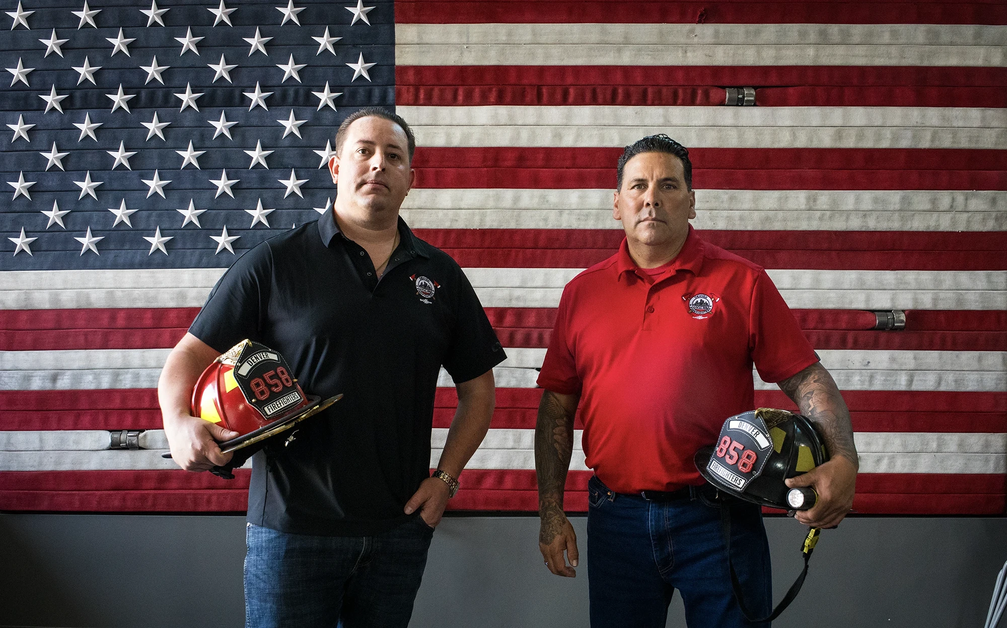 Local 858 case page featured web Denver Fire Fighters Local 858 president and secretary treasurer pose before an American flag for their lawsuit Denver Fire Fighters Local 858 v. Colorado Professional Fire Fighters & IAFF