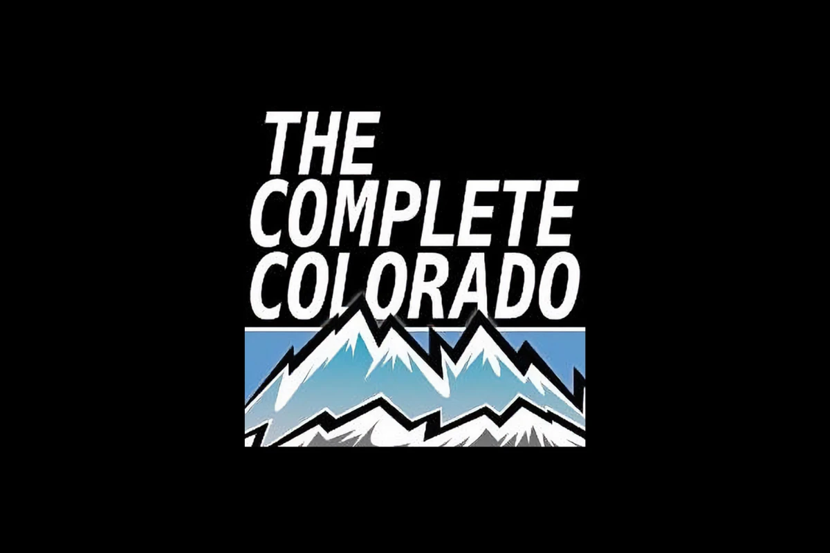 Logo of Complete Colorado; white letters above graphic mountain on black background