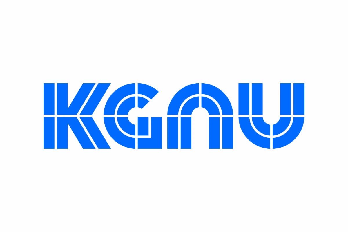 The logo of KGNU; stylized blue letters on white background